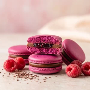 Raspberry Dark Chocolate Macarons